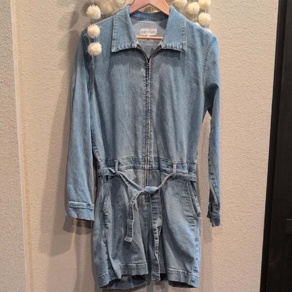 Rivet Utility Trendsetter Denim Romper XL Light Wash Zip Front Tie Waist Jumpsui - Picture 7 of 15
